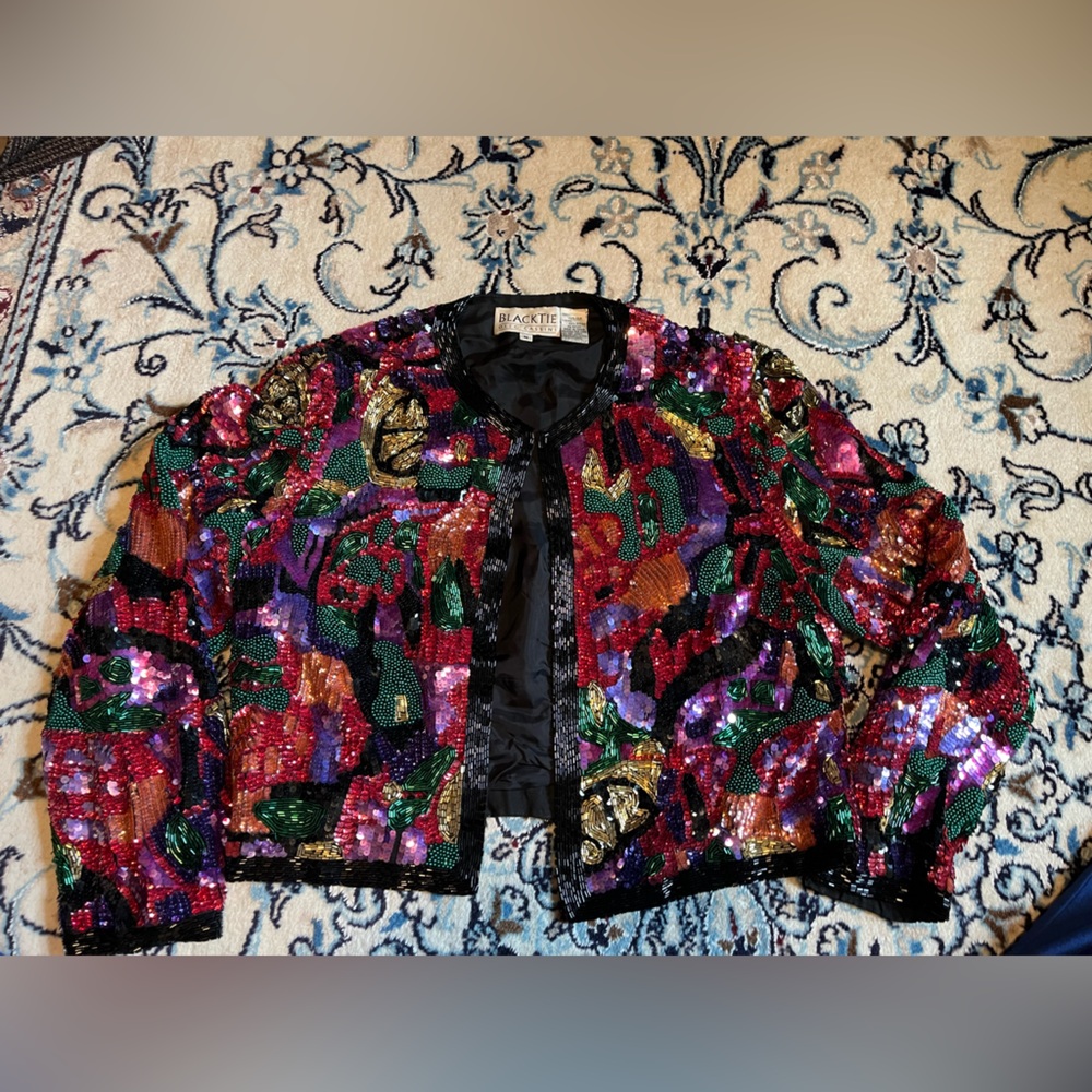Stunning!!! Oleg Cassini Black Tie Beaded Jacket 1980s M Medium